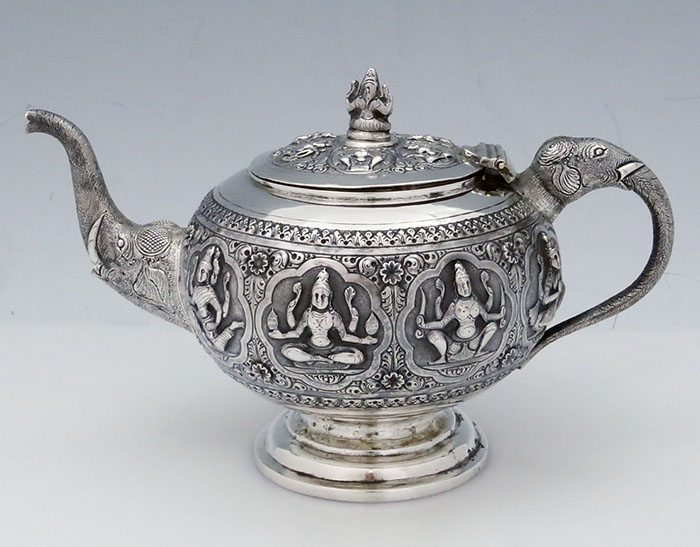 Madras Indian silver teapot elephant handles and spout 