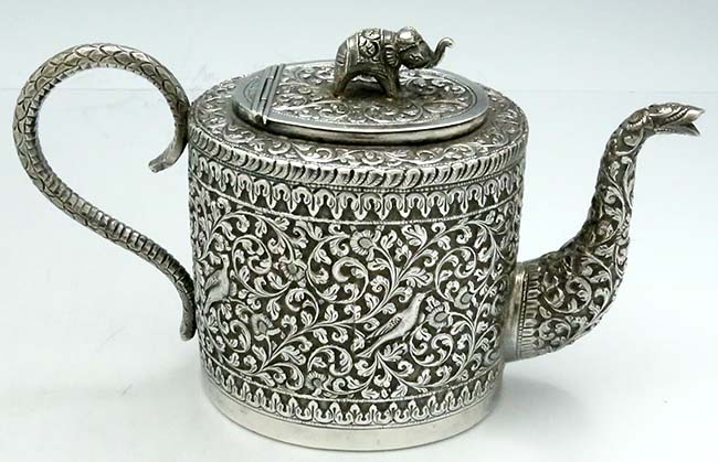 Unusual Indian antique silver teapot with chased animals Kutch region