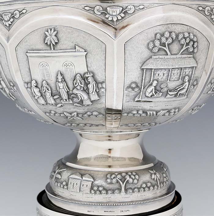 details of Dass & Cutt Indian silver bowl with chased scenes Calcutta