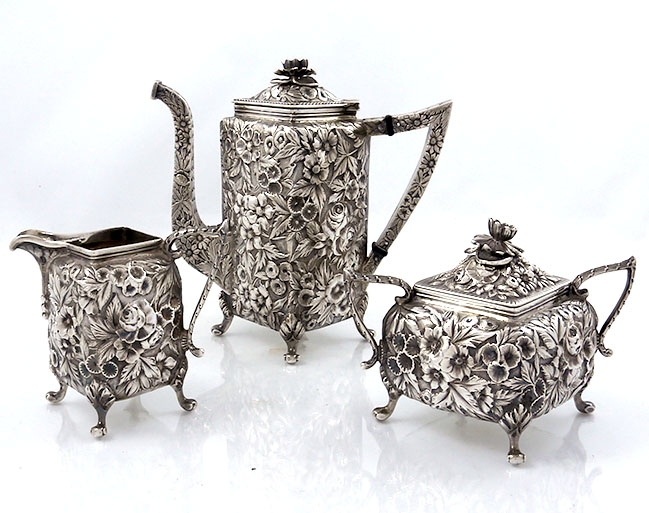 A Jacobi & Co repousse sterling coffee set antique sterling demitasse set