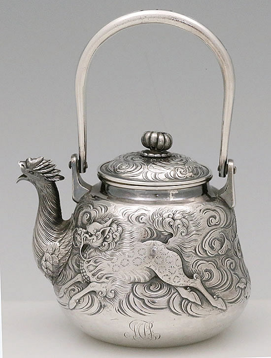 Japanese silver small teapot dragons and rooster spout