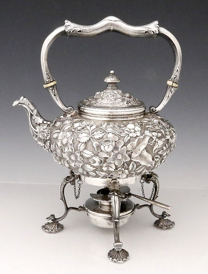 Jenkins and Jenkins sterling silver repousse kettle on stand