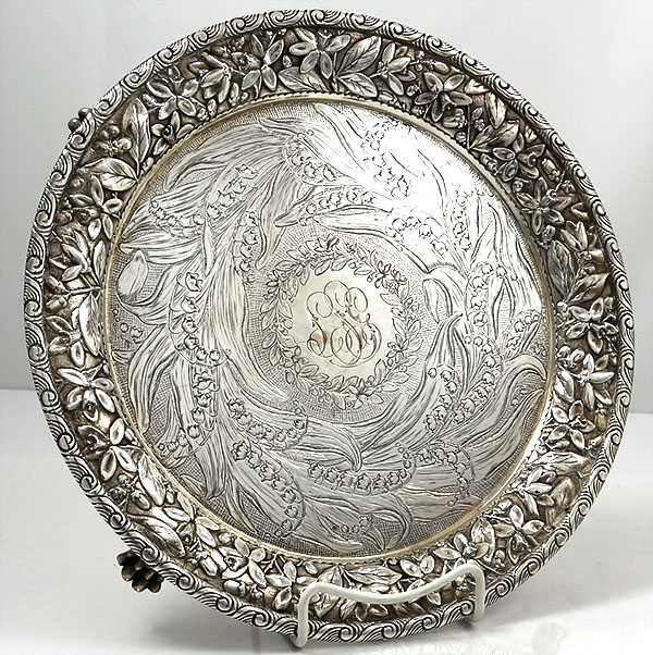 antique sterling Jenkins and Jenkins salver with lily of the valley engraved
