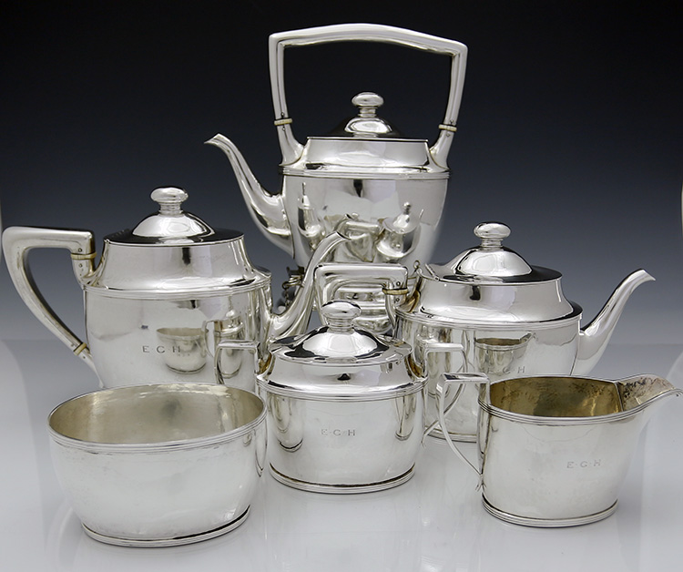 J Woolley hand hammered teaset Boston arts and crafts