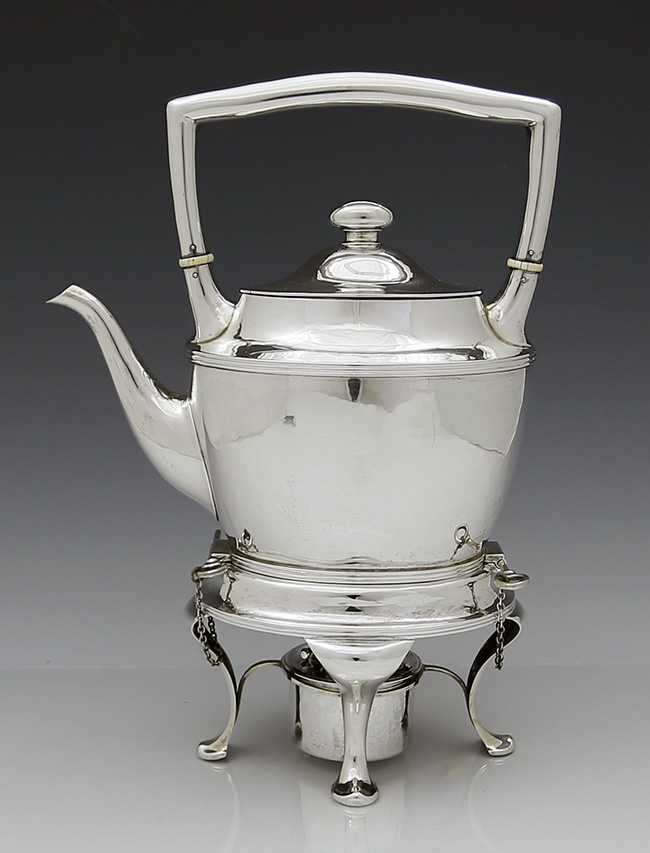 J Woolley arts and crafts kettle on stand in sterling silver