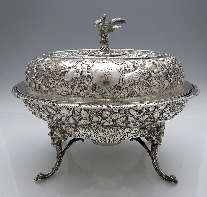 Kirk 11 oounce antique silver covered tureen on warming stand 