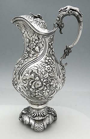 S Kirk early antique coin silver ewer with lid and dog on handle
