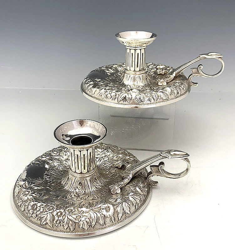 S Kirk & Son 11 ounce antique silver pair of chambersticks