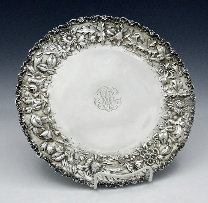 Kirk antique sterling silver cake plate repousse flowers
