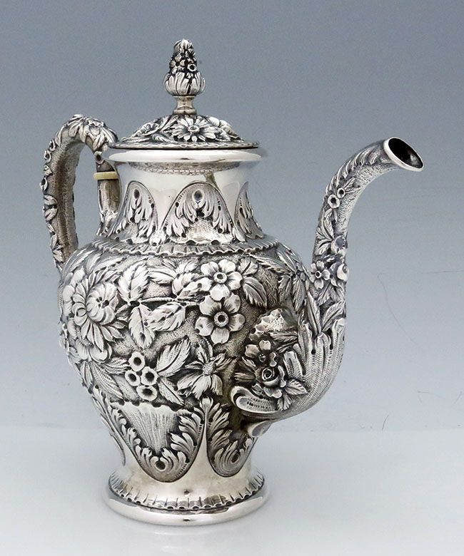 Kirk repousse sterling silver coffee pot 