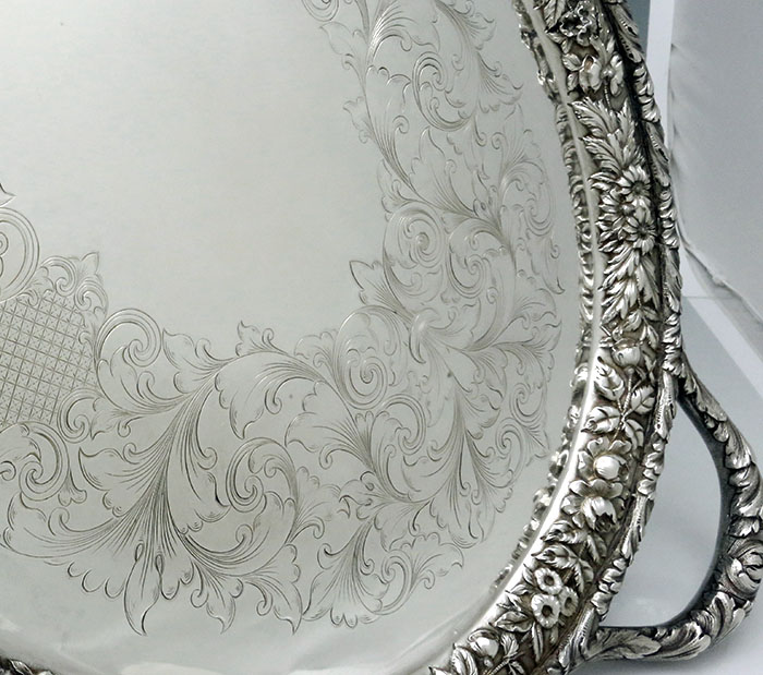 detail of antique sterling silver tea tray by S Kirk of Baltimore Maryland