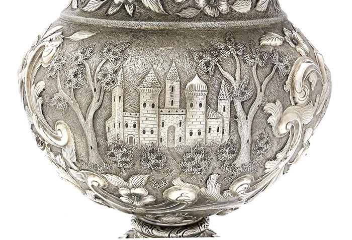 castle on Loring Andrews sterling silver vase