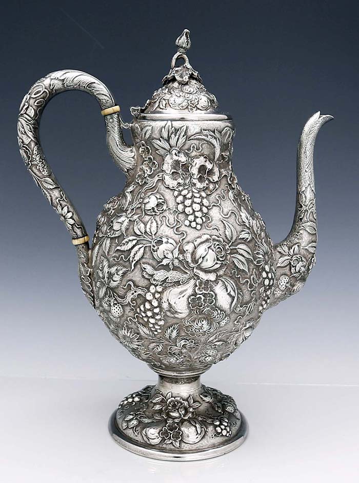Loring Andrews Repousse sterling pot with fruit and flowers