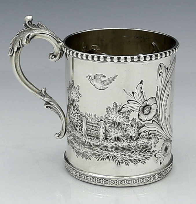 Coin silver American antique landscape chased mug