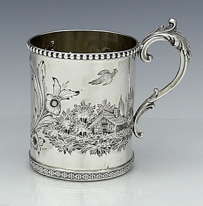 American coin silver mug with landscape chasing
