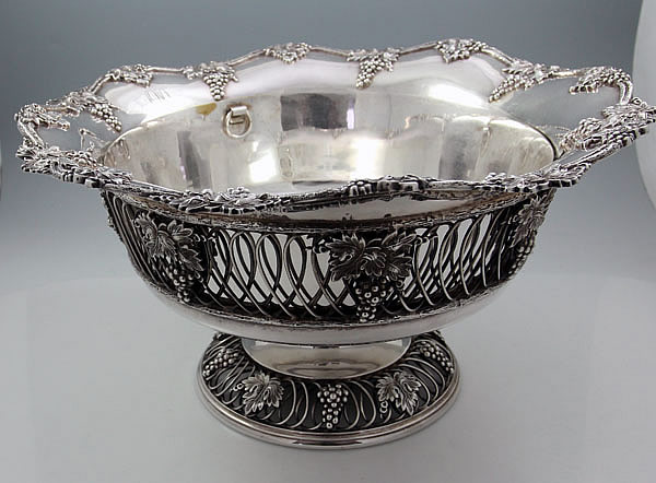 large antique sterling bowl with grapes and pierced sides