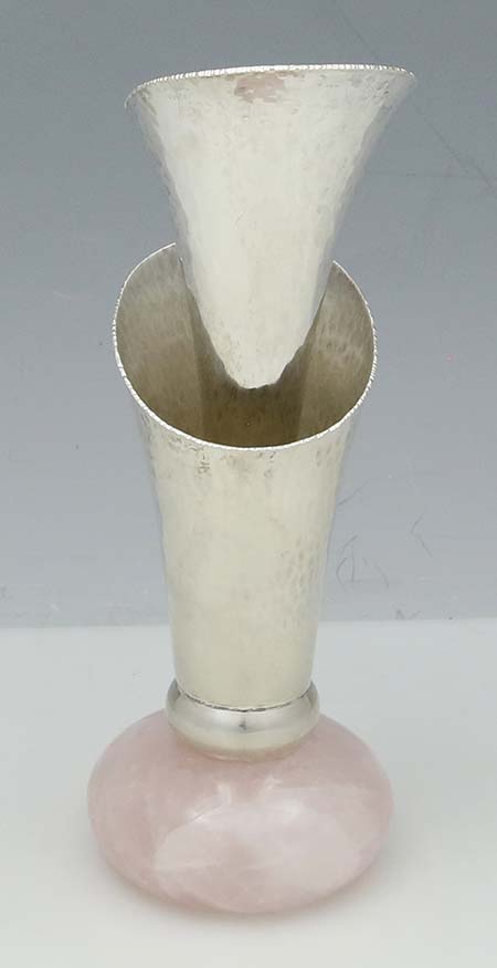 front view of Ravissant sterling silver hand hammered vase with rose quartz base
