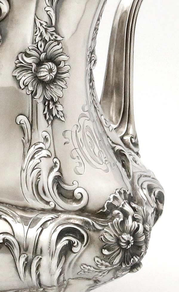 detail of chrysanthemums on Reed & Barton coffee pot