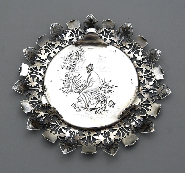 Redlich antique sterling silver tray with figure and pierced border 