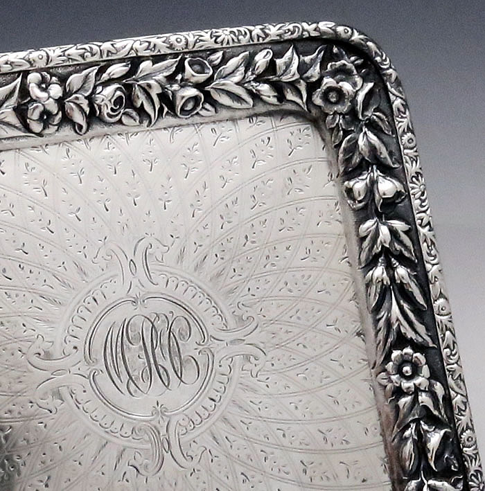 repousse and engraved square sterling antique salver