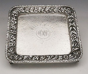 antique sterling silver square diapered salver footed