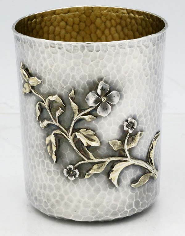 Russian antique silver hammered beaker with applied flower St Petersburg 1884