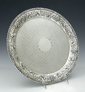 Schultz hand chased antique sterling tray with diapered engraving and grape border