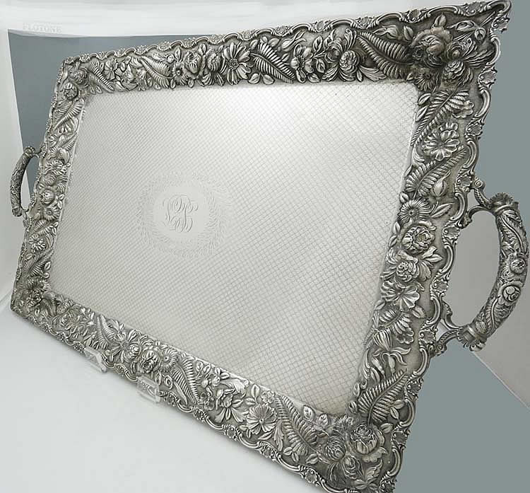 Schultz repousse antique sterling tray with ferns and diapering