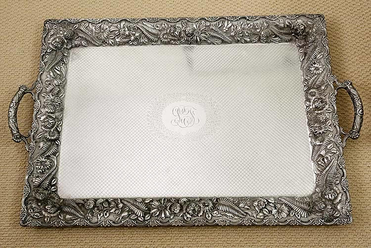 Schultz antique sterling tray with diapering and ferns chased