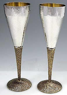Stuart Devlin hand hammered sterling champagne flutes with textured stem