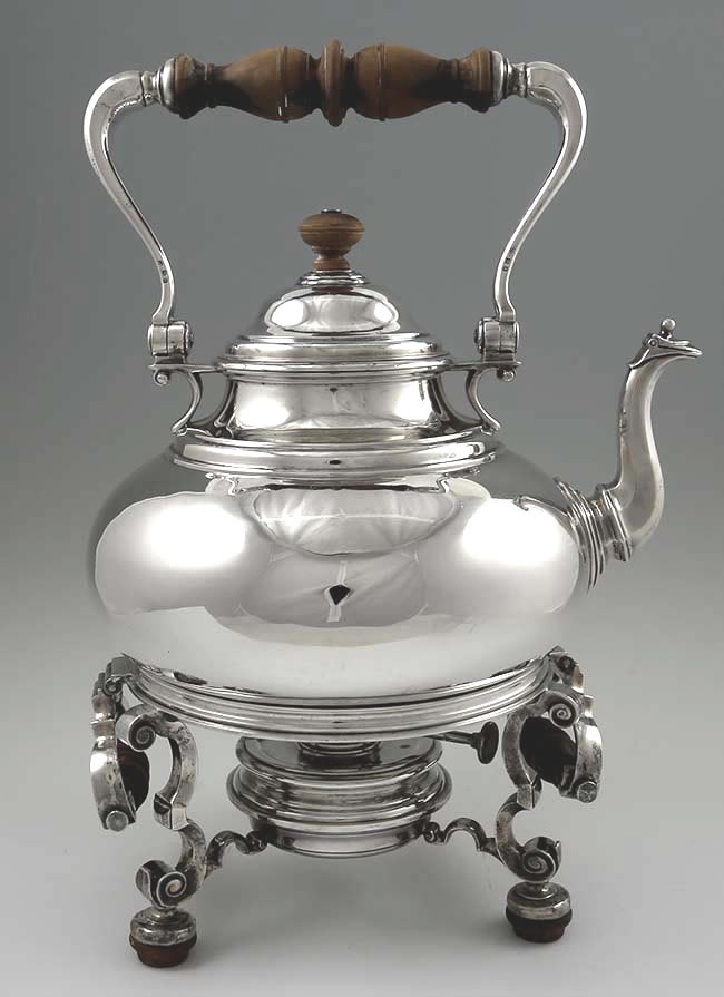 Sebastian Garrard silver kettle on stand with cres