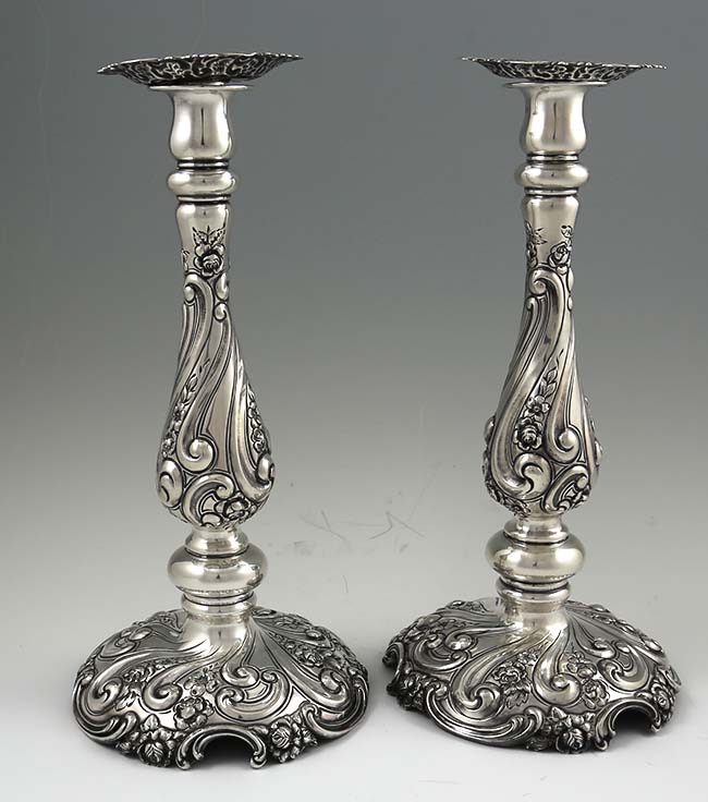 Shreve hand chased sterling antique candlesticks circa 1900