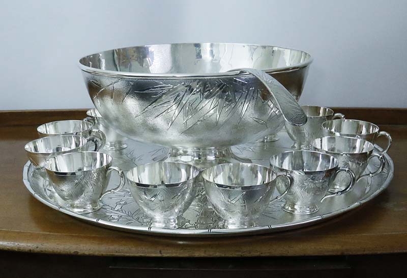 Tachking Chinese silver punch set with 24 cups and tray engraved bamboo