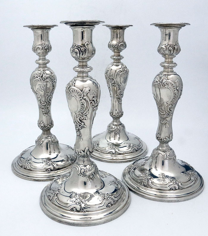 four Tiffany antique sterling silver candlesticks circa 1920