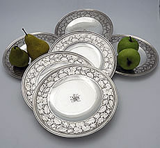 Tiffany antique sterling fruit serving plates with detailed acid etched borders