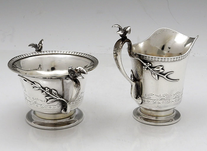 Tiffany antique sterling Union Square sugar and creamer with applied birds