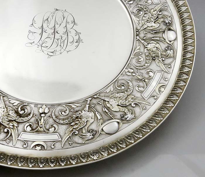 detail of Tiffany antique sterling silver salver