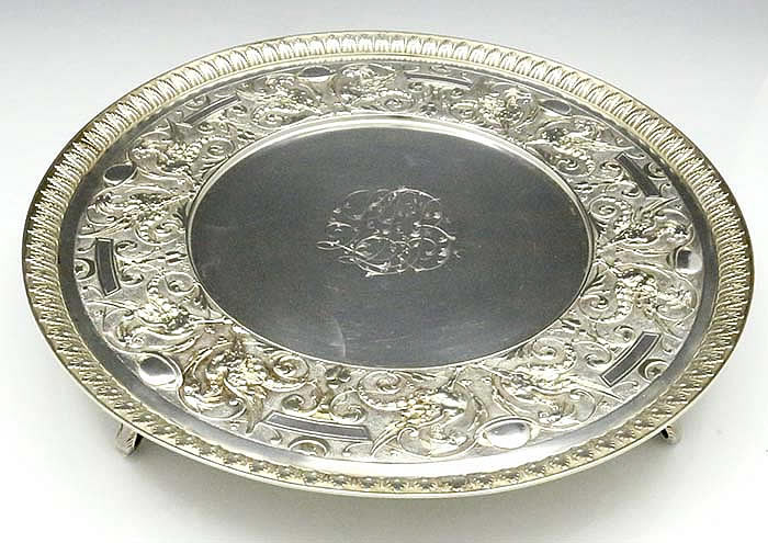 Tiffany antique silver salver footed with planets and griffins