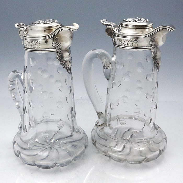 pair of Tiffany antique sterling and glass carafes
