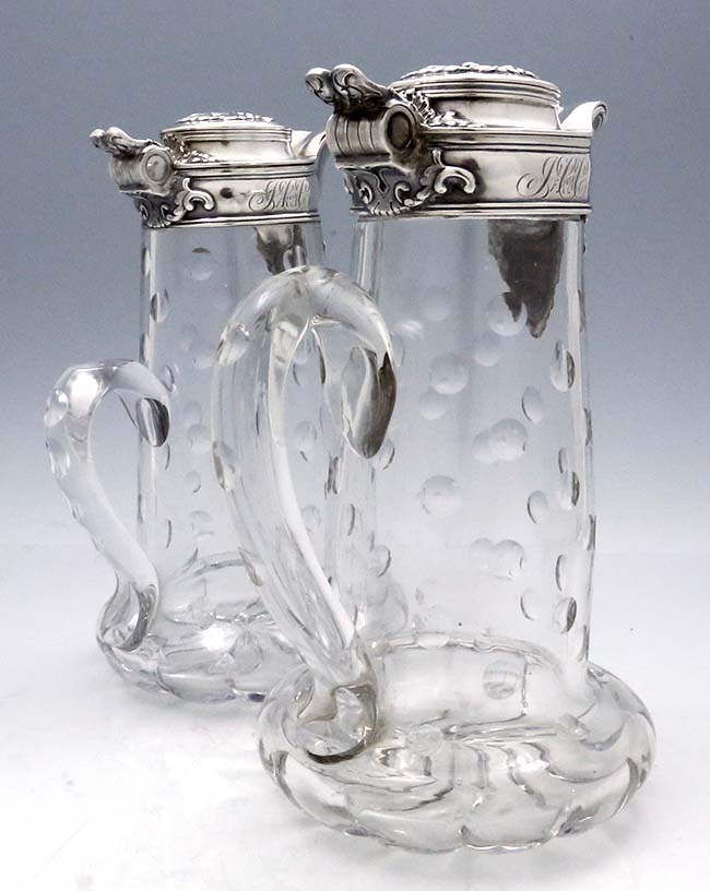 pair of Tiffany antique sterling and glass carafes