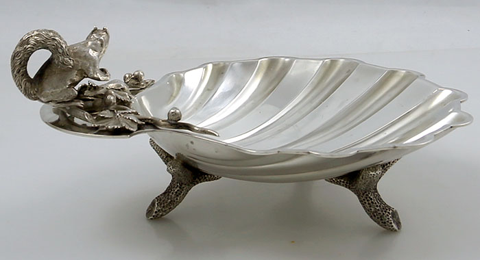 Pair Tiffany sterling shell dishes with applied squirrels and acorns