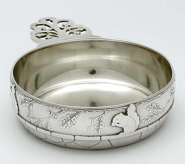 Tiffany antique sterling silver porringer with applied squirrel and acid etched decoration 