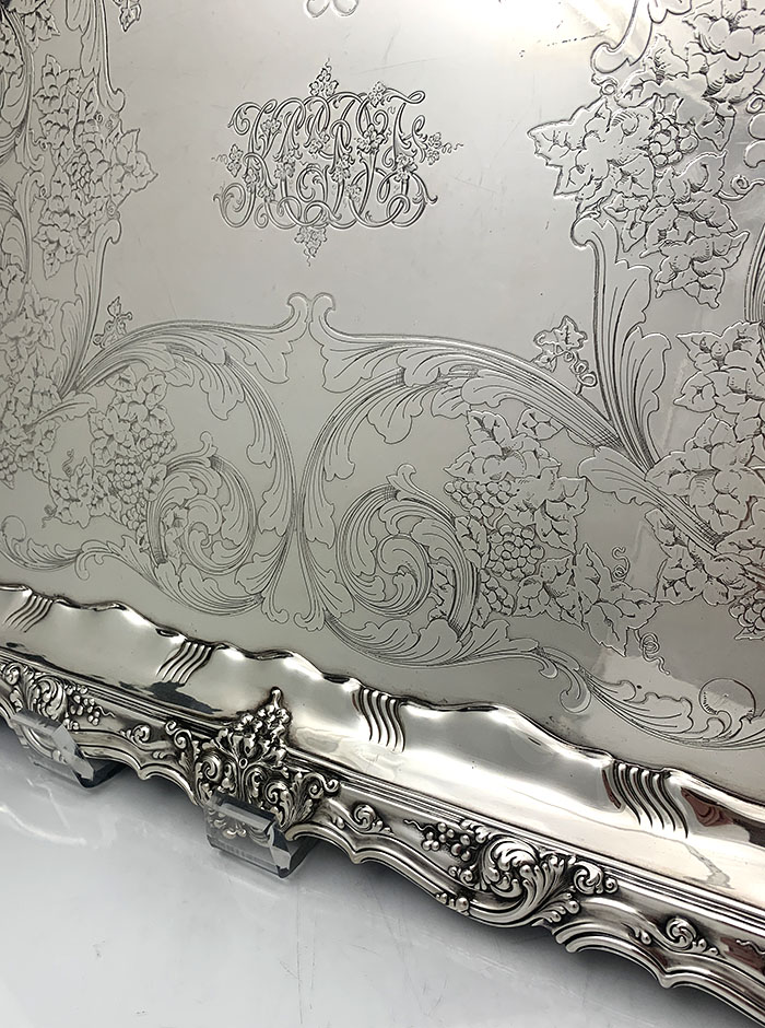 detail of acid etched decoration on Tiffany sterling silver tray
