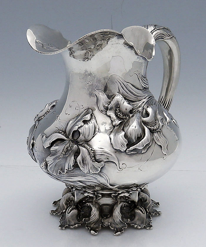 Antique sterling silver art nouveau pitcher with chased irises by Theodore Starr of New York