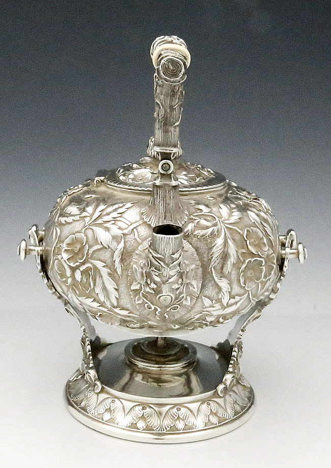 antique sterling silver repousse kettle on stand Theodore B Starr New York