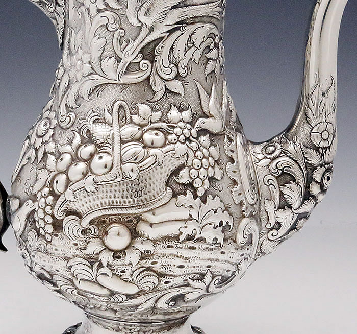 detail of A E Warner coin silver coffee pot