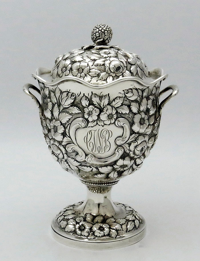 A E Warner hand chased sugar urn with lid