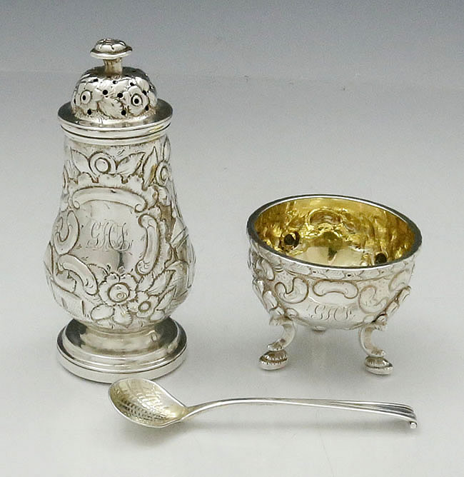 A E Warner antique coin silver salt and pepper set