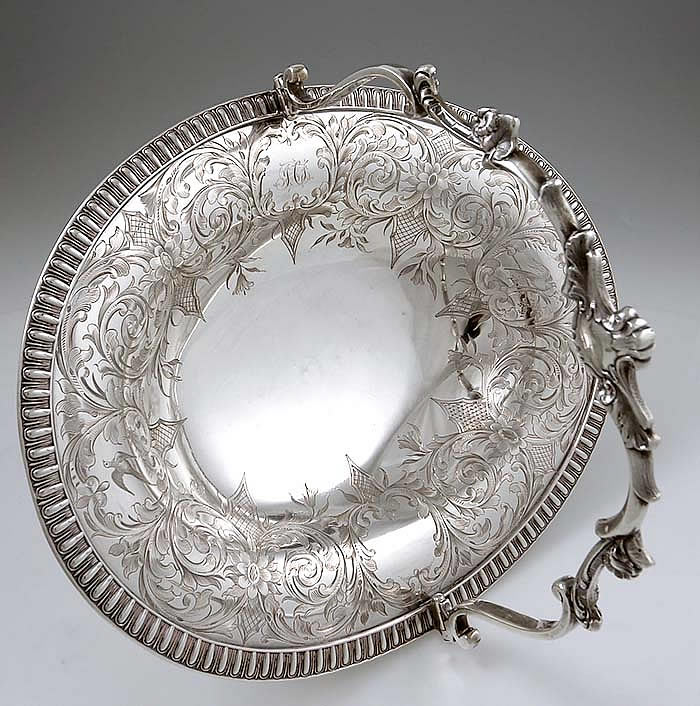 William Gale coin silver cake basket with engraved decoration