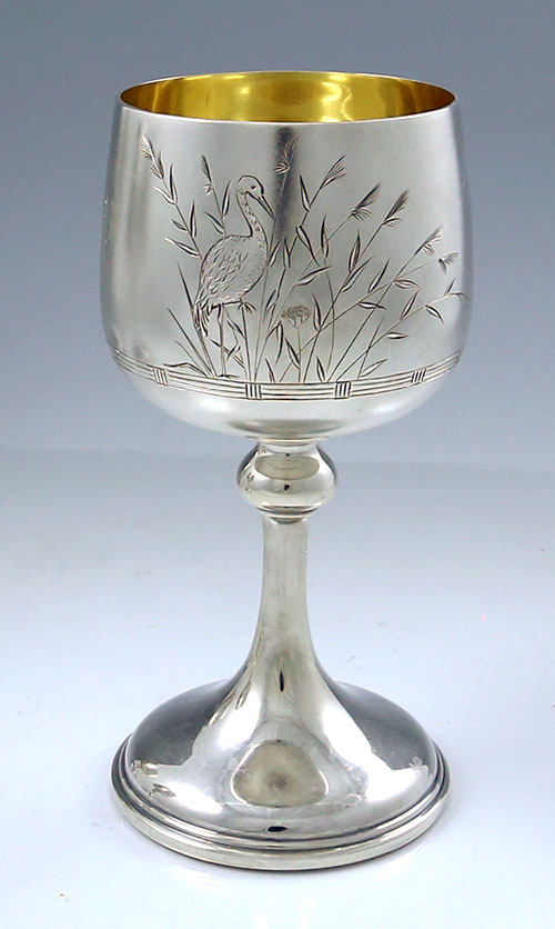 Whiting antique sterling silver goblets three with engraved Japanese style birds and reeds